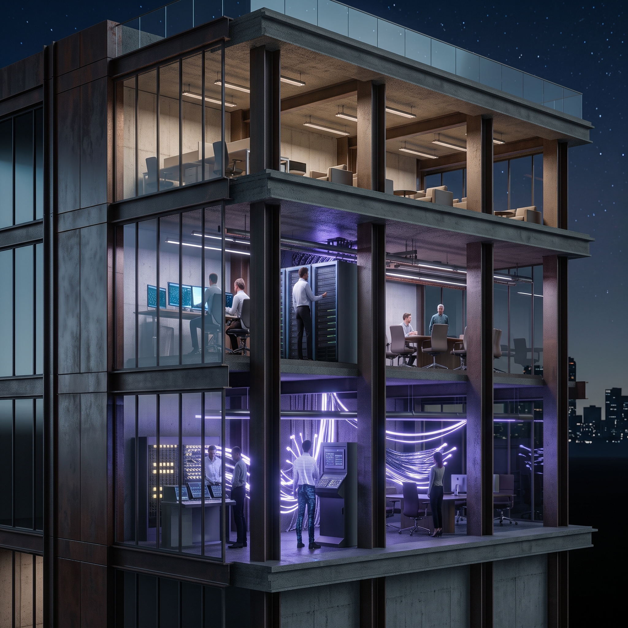 Conexiones — Pasarelas y puentes interiores conectando niveles