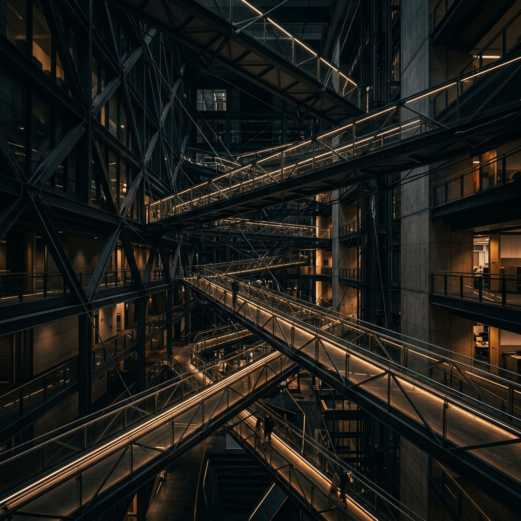 Conexiones — Pasarelas y puentes interiores conectando niveles