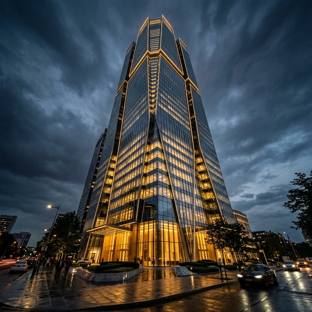 Edificio moderno terminado — Vista completa al atardecer